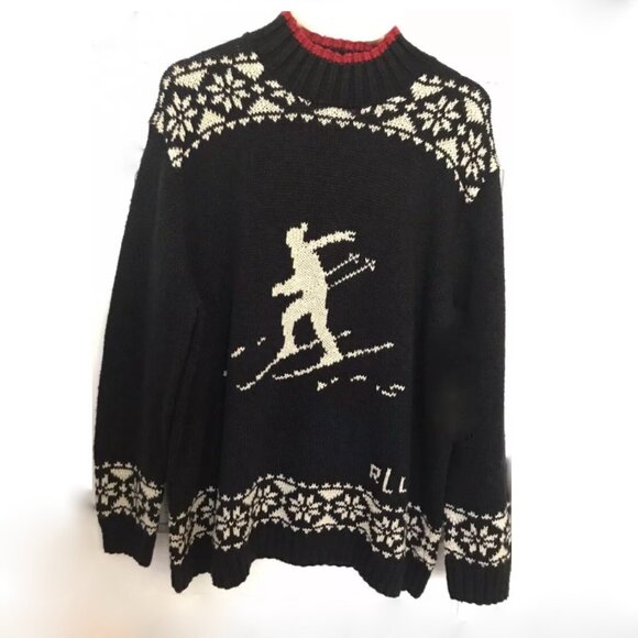 Vintage 1990s y2k Ralph Lauren Sweater XL Hand Knit Black White Skier Snowflake